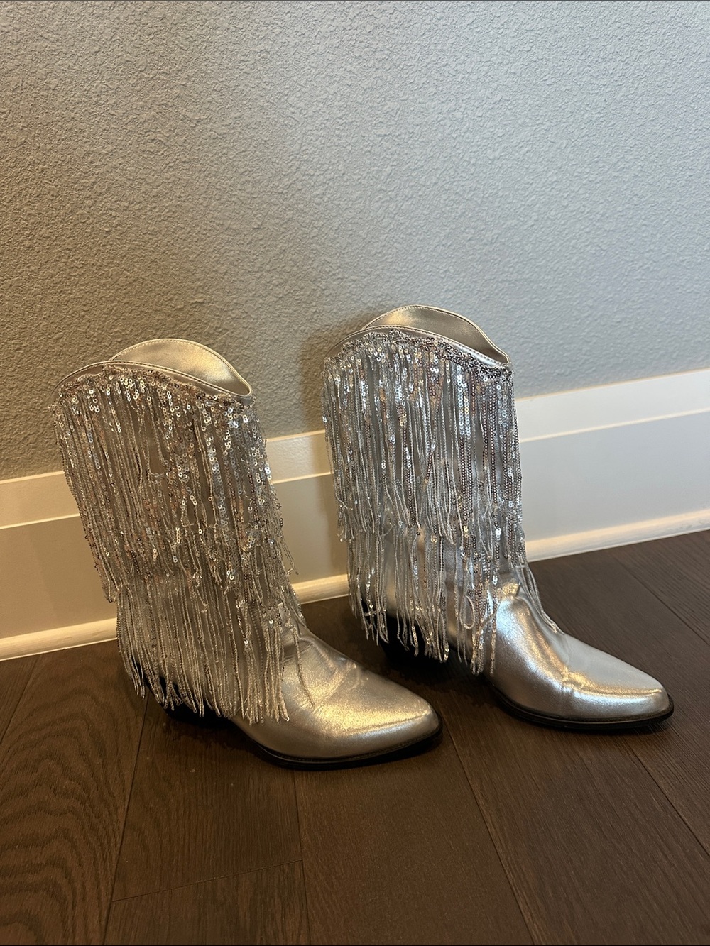 Silver Fringe Sequin Ankle Boots - Women's Metallic Booties - Picture 6 of 12